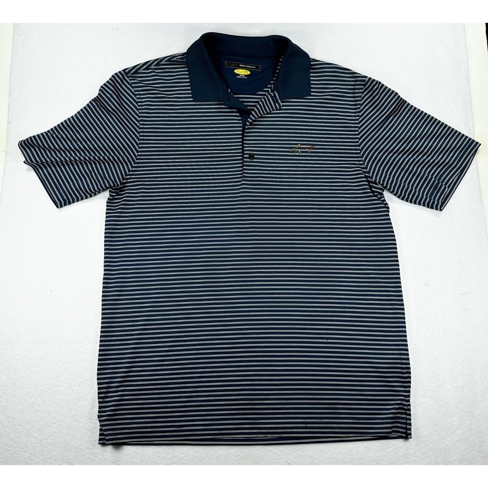 Greg Norman Play Dry Mens Medium Blue Striped Golf Polo Shirt Shark Logo Classic